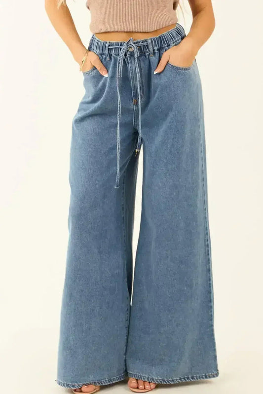 Dusk Blue Medium Wash Drawstring Waist Wide Leg Jeans
