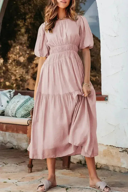 Light Blue Puff Sleeve High Waist Flowy Midi Dress