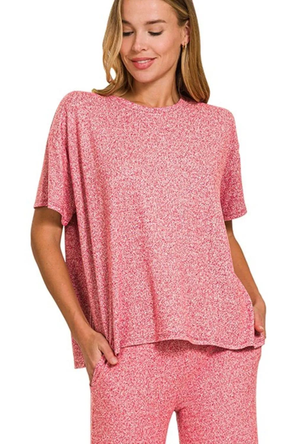 Zenana Soft Melange Short Sleeve Tee & Long Pants Set in Red