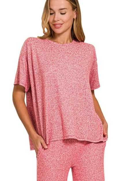 Zenana Soft Melange Short Sleeve Tee & Long Pants Set in Red
