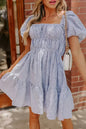 Sky Blue Stripe Bubble Sleeve Square Neck Ruched Pocket Babydoll Dress