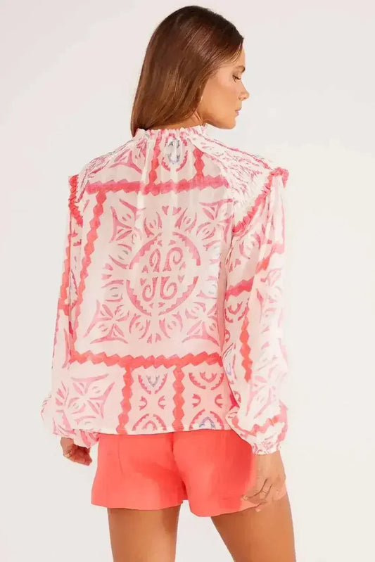 Desert Flower Vintage Print Smocked Poet Collar Blouse | Femstylo
