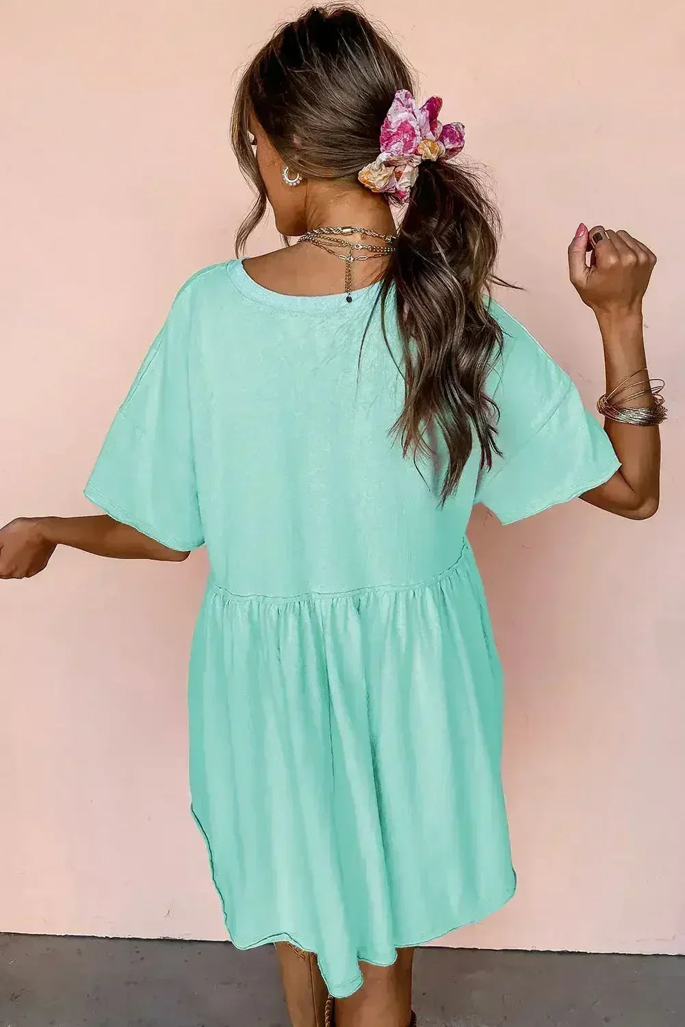 Sky Blue Solid Color Pocket Raw Edge Babydoll Dress