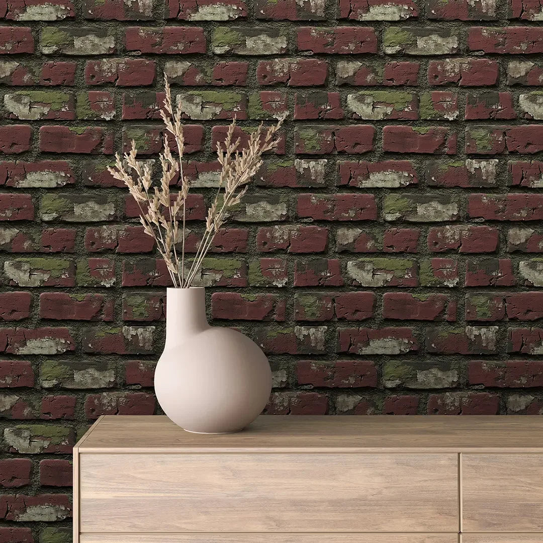 Vintage Crimson Moss Brick Wall
