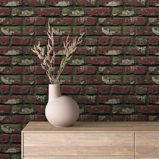 Vintage Crimson Moss Brick Wall