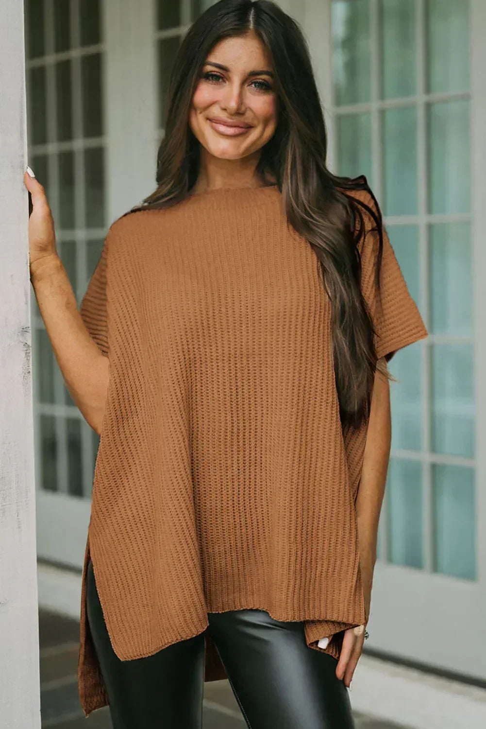 Rose Red Side Slit Short Sleeve Oversized Sweater