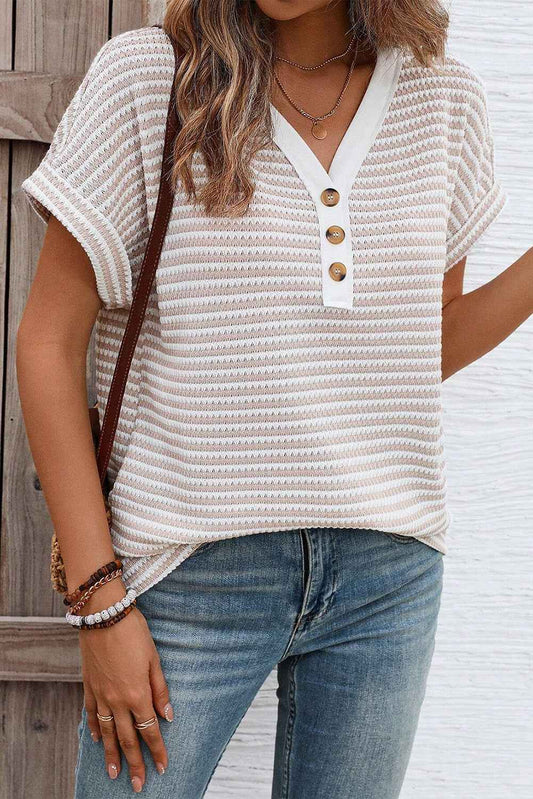 Khaki Striped Knitted Top with Button Front and V Neck for Women's Blouse