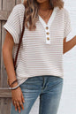 Khaki Striped Knitted Top with Button Front and V Neck for Women's Blouse