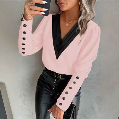 Women's V-Neck Contrast Trim Long Sleeve Blouse With Button Cuff Detail - Casual Comfort Top