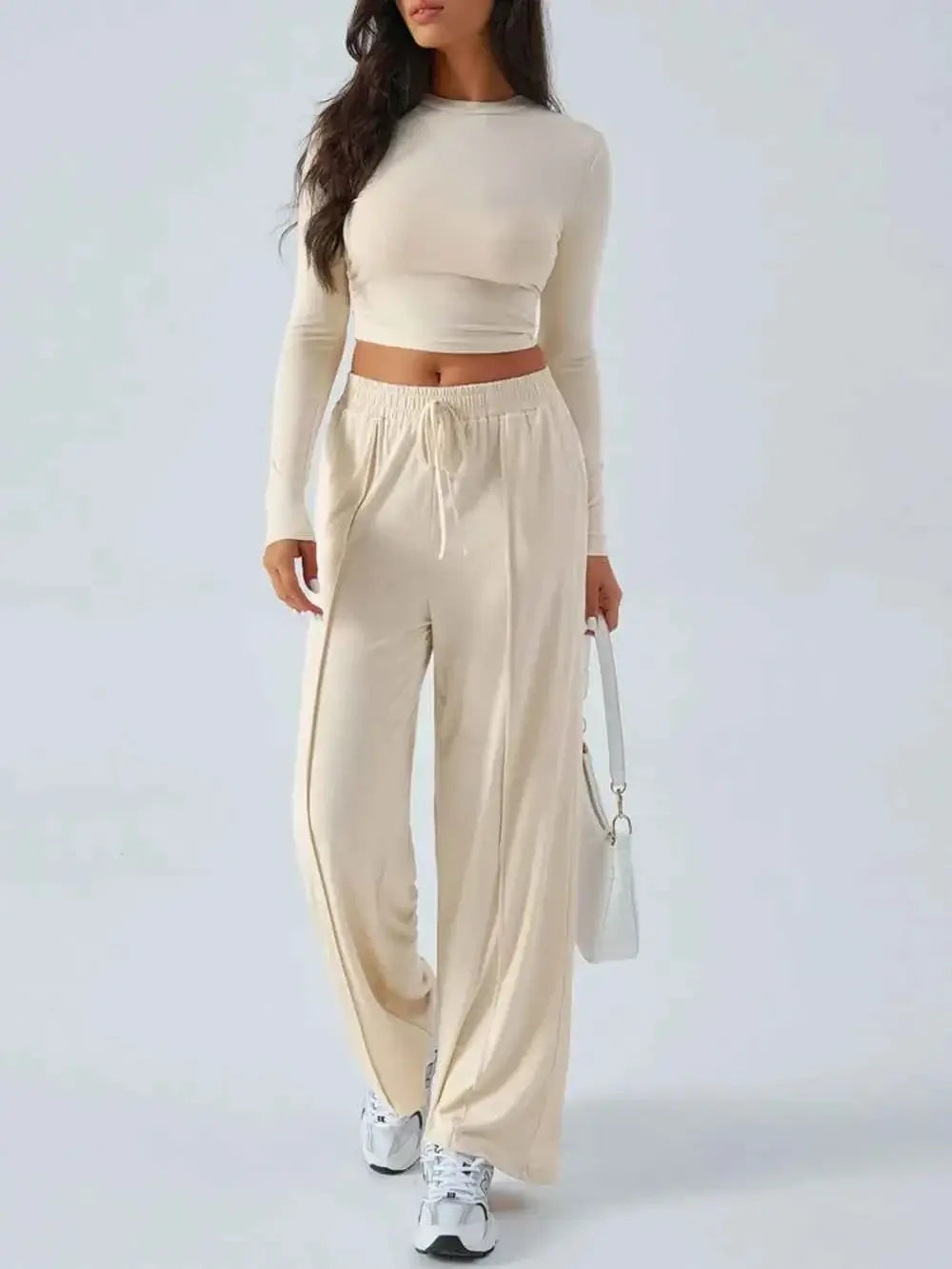 Round Neck Long Sleeve Crop Top and Pants Set