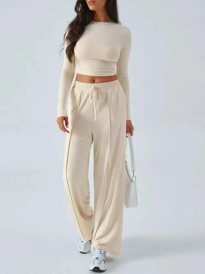 Round Neck Long Sleeve Crop Top and Pants Set