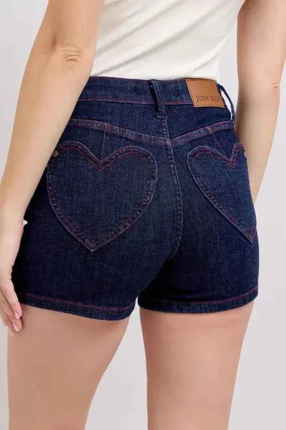 Judy Blue Plus Size High Waist Denim Shorts with Heart Shaped Pockets & Red Contrast Thread