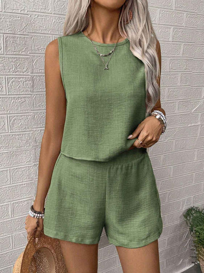 Round Neck Sleeveless Top Set with Shorts for Women