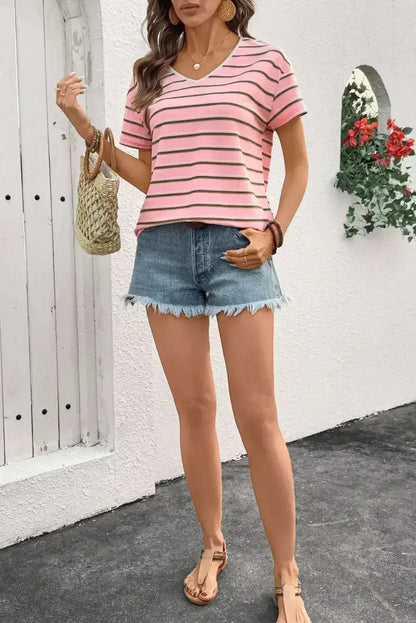 Pink Stripe V Neck Casual T-Shirt