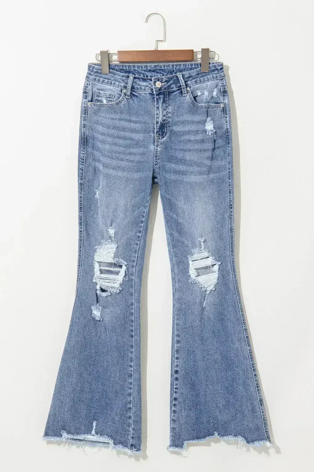 Dusk Blue High Rise Ripped Distressed Hem Flared Jeans