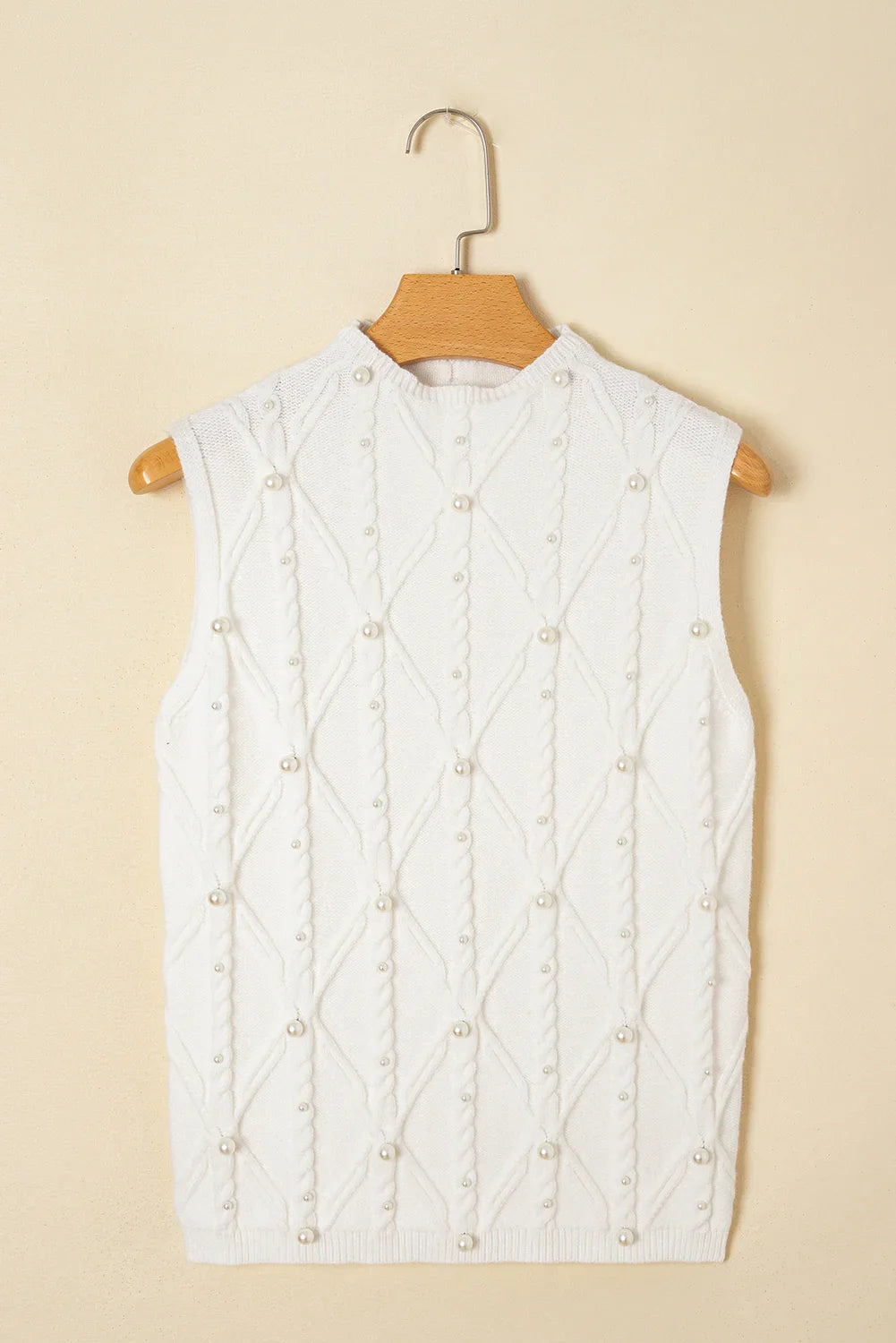 White Pearl High Neck Textured Knit Sweater Vest