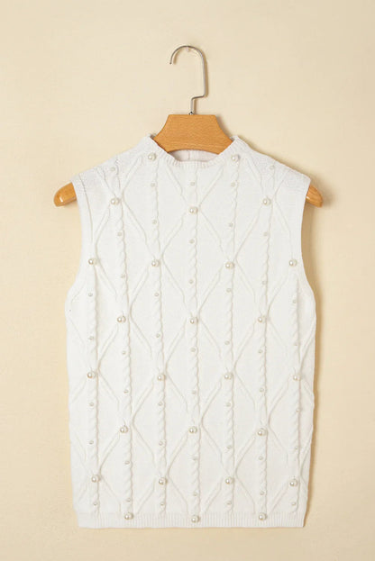 White Pearl High Neck Textured Knit Sweater Vest