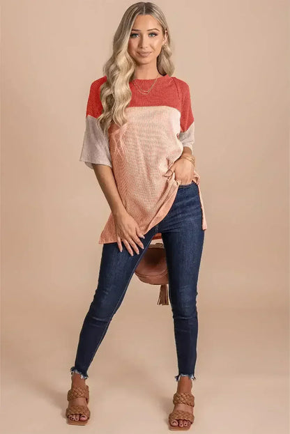 Black Color Block Ribbed Side Slits Half Sleeve Top