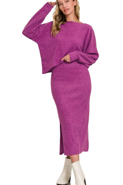 Zenana Ribbed Asymmetric Hem and Sleeve Top & Skirt Set