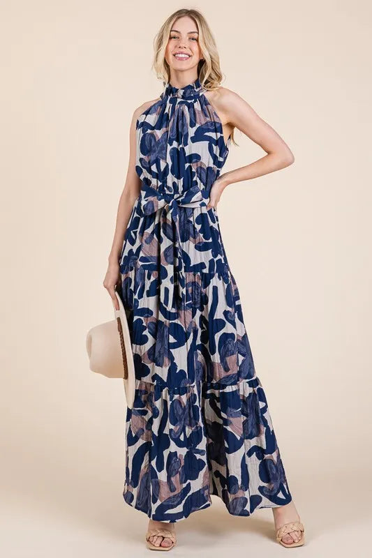 Lime and Chili Maxi Dress - Abstract Halter Neck Tie-Waist Tiered Design