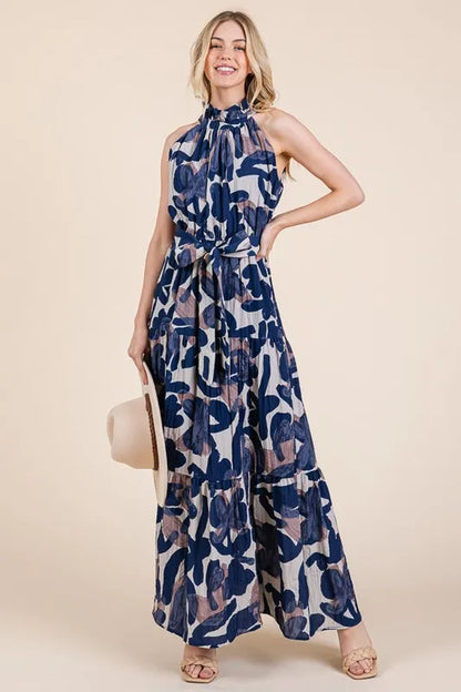 Lime and Chili Maxi Dress - Abstract Halter Neck Tie-Waist Tiered Design