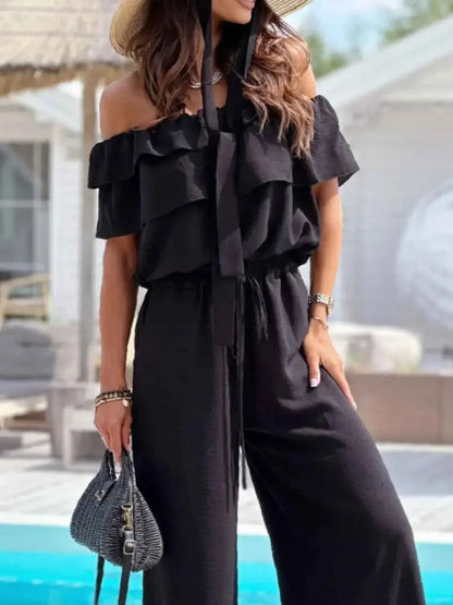 Wide Leg Jumpsuit - Off-Shoulder Ruffled Jumpsuit