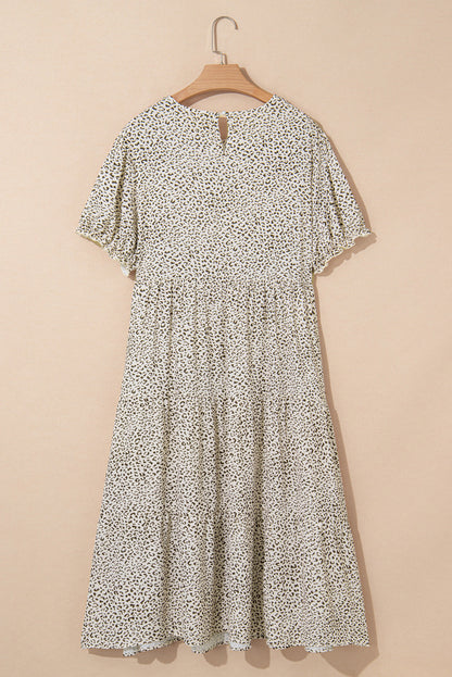Beige Plus Size Leopard Print Frill Trim Short Sleeve Flared Dress