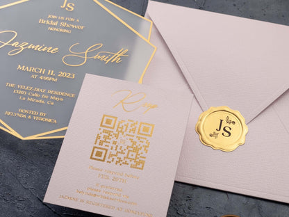 Bridal Shower Invitation with Acrylic Gold Foil and Pink Envelope
