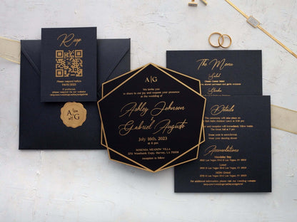Black Acrylic Wedding Invitations with Gold Foil Accents