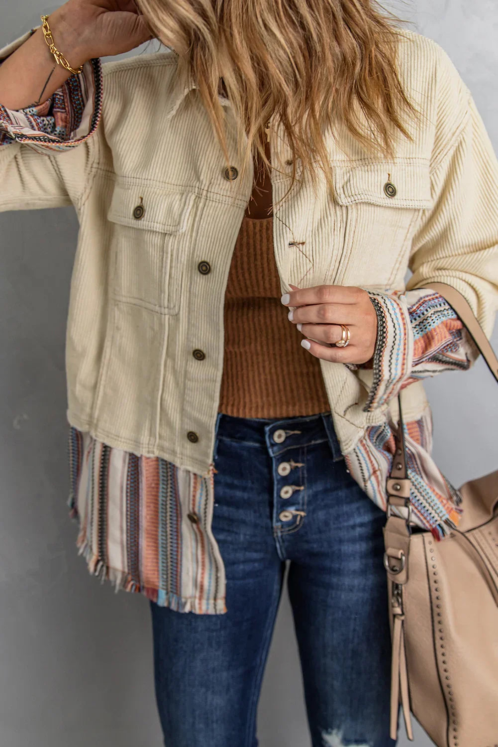 Beige Color Block Corduroy Jacket | Striped Button Up Design - Femstylo