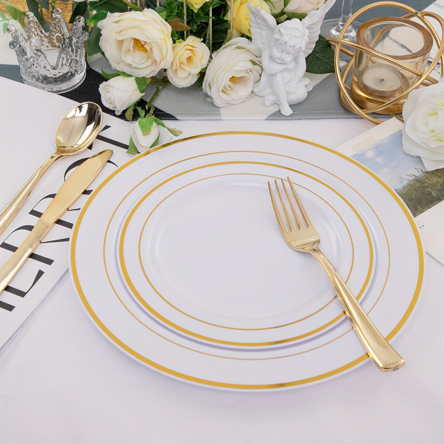Elegant 50Piece Gold Dinnerware Set for Weddings  Parties