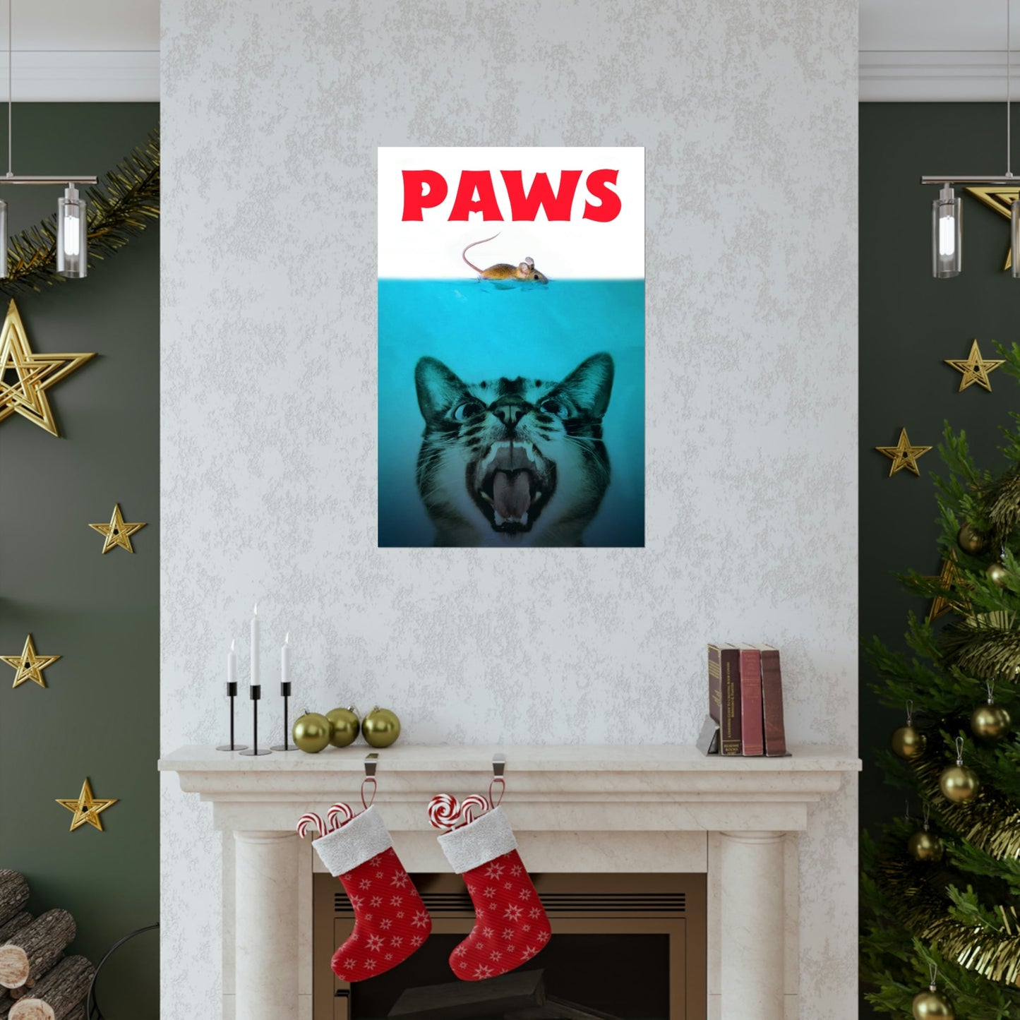 Poster with a wolf and mouse design on a wall above a fireplace with Christmas stockings.