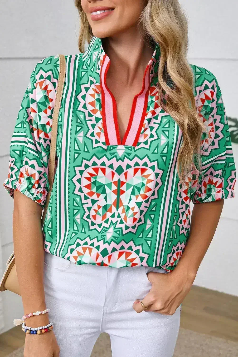Sea Green Boho Geometric Print Color Neckline Blouse | Femstylo