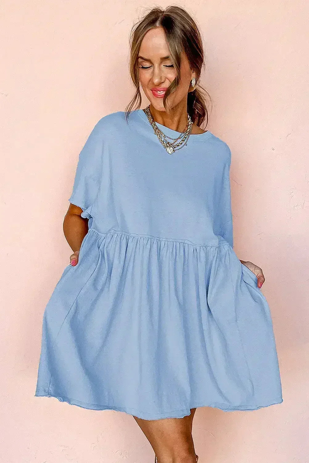 Sky Blue Solid Color Pocket Raw Edge Babydoll Dress