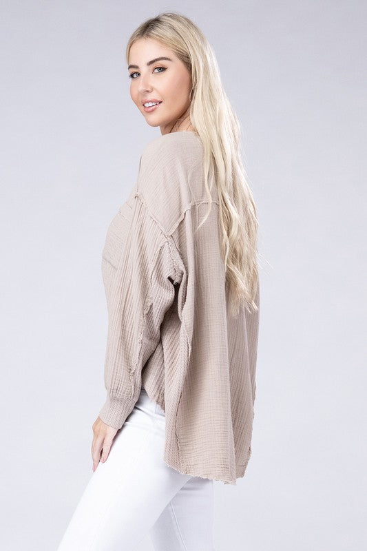 ZENANA Double Gauze Oversized 3/4 Button Henley Neck Top