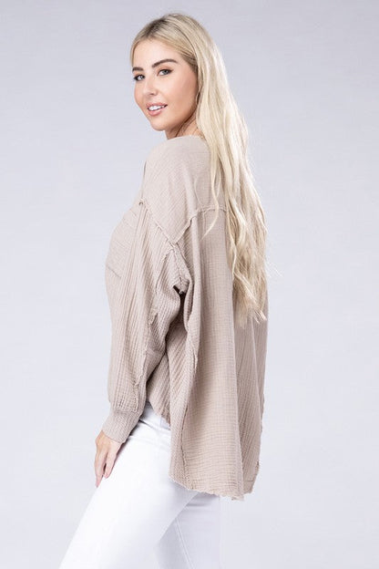 ZENANA Double Gauze Oversized 3/4 Button Henley Neck Top