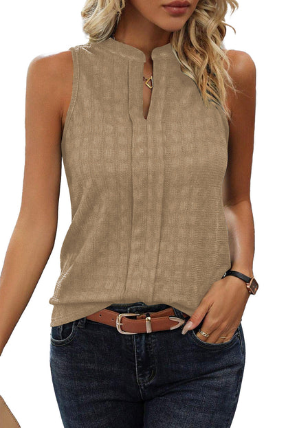 Sea Green Sleeveless Top - Textured Split V Neck Women's Shirt