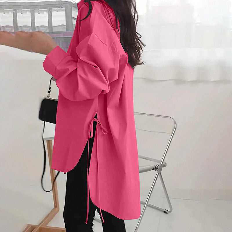 Women's Loose-Fit Long Sleeve Shirt with Side Slit Tie Detail - Stylish Button-Down Blouse