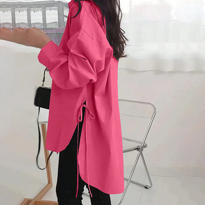 Women's Loose-Fit Long Sleeve Shirt with Side Slit Tie Detail - Stylish Button-Down Blouse