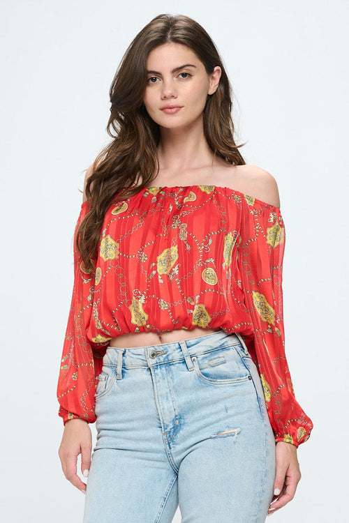 Off-Shoulder Printed Crop Top with Long Sleeves | Apparel | Kitchen + Metal