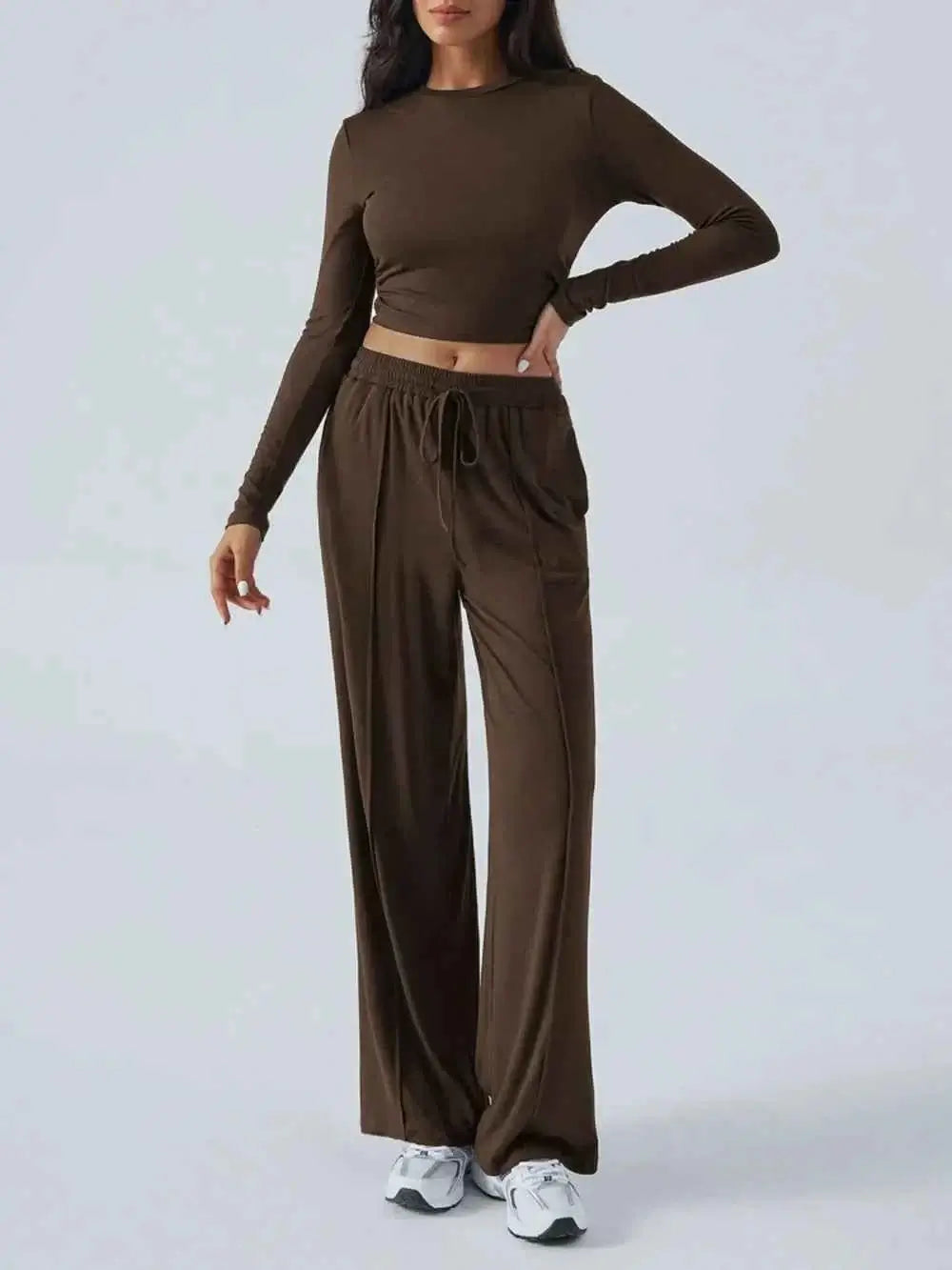 Round Neck Long Sleeve Crop Top and Pants Set