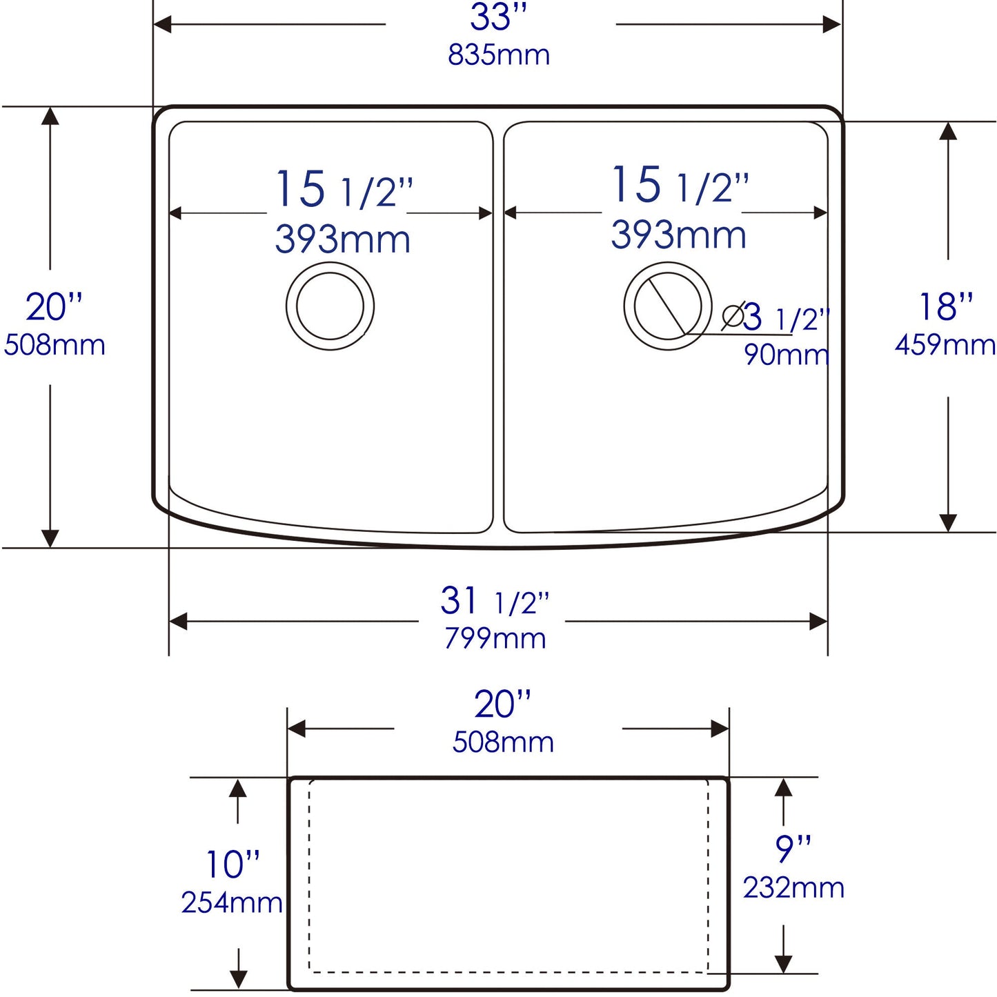 ALFI brand ABFC3320D ABFC3320D-W White Smooth Curved Apron 33" x 20" Double Bowl Fireclay Farm Sink with Grid