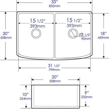 ALFI brand ABFC3320D ABFC3320D-W White Smooth Curved Apron 33" x 20" Double Bowl Fireclay Farm Sink with Grid