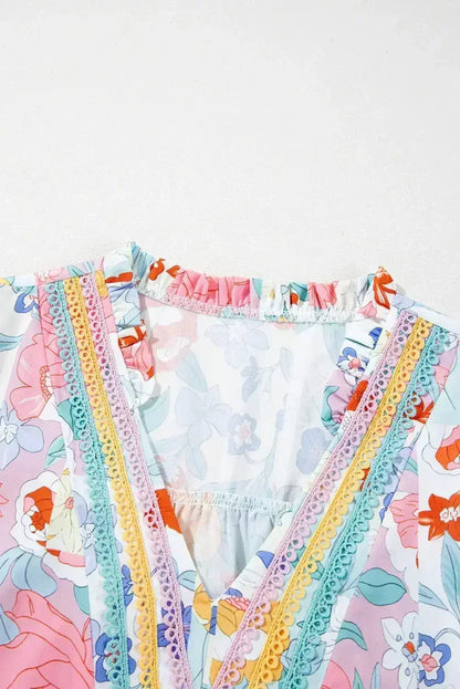 Pink Boho Flower Print Frill Neck Puff Sleeve Blouse | Femstylo