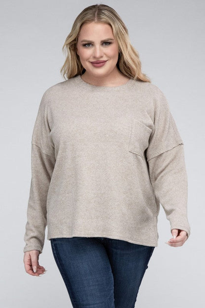 ZENANA Plus Ribbed Brushed Melange Hacci Sweater