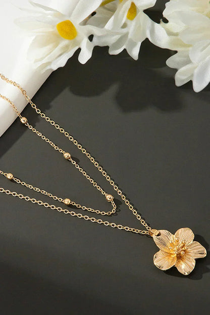 Gold Double Layered Flower Pendant Chain Necklace