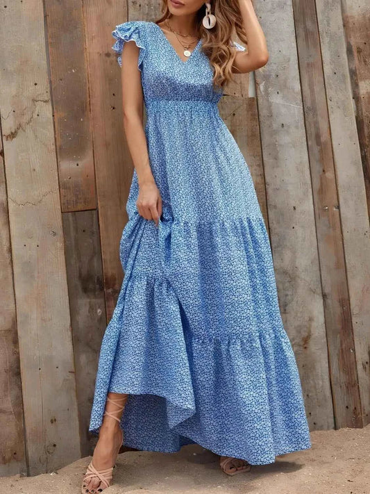 Printed V-Neck Maxi Dress with Ruffle Sleeves