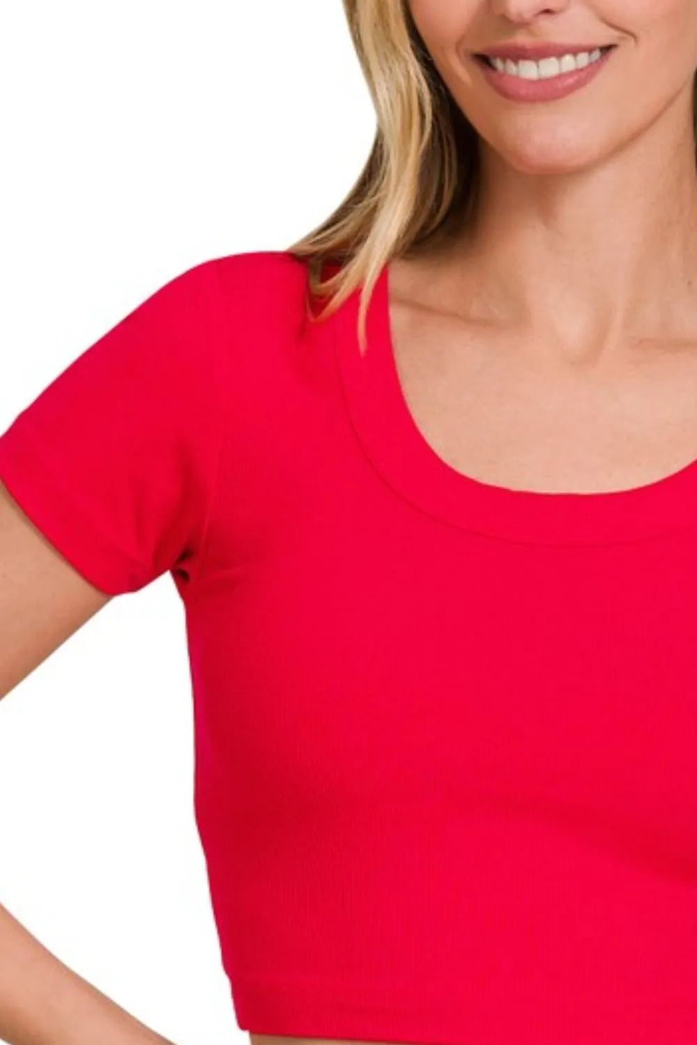 Zenana Ribbed Scoop Neck Crop Short Sleeve Top in Ruby