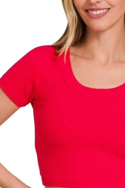 Zenana Ribbed Scoop Neck Crop Short Sleeve Top in Ruby