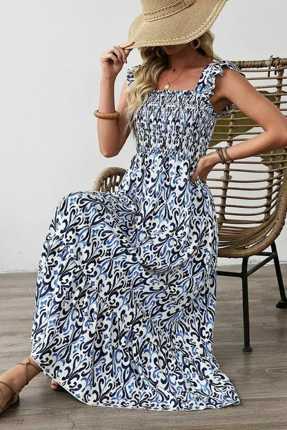 Sky Blue Boho Print Smocked High Waist Maxi Dress